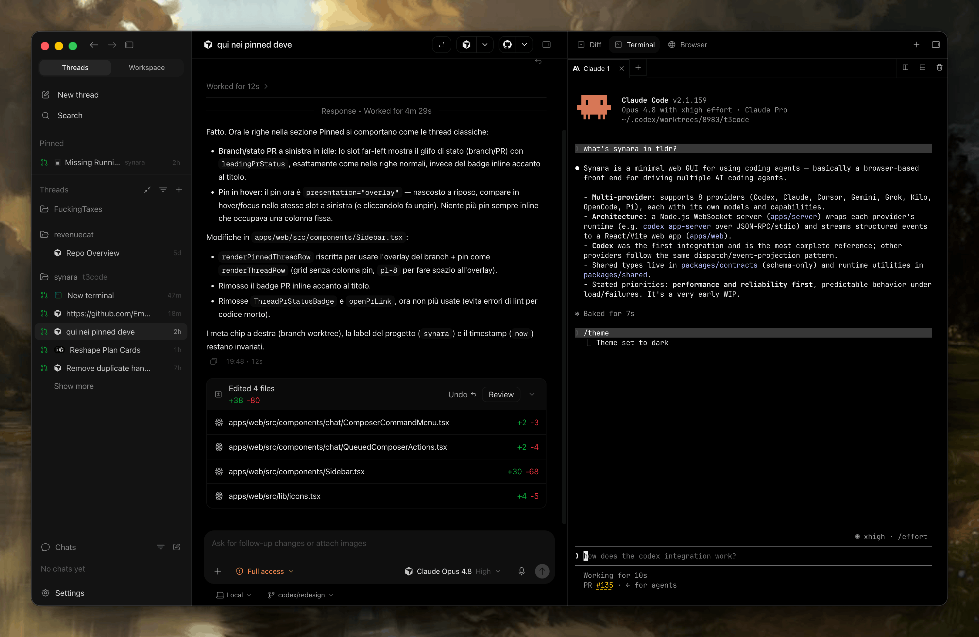 Synara workspace composition showing coding-agent tasks, terminals, browser verification, diffs, and Git worktrees